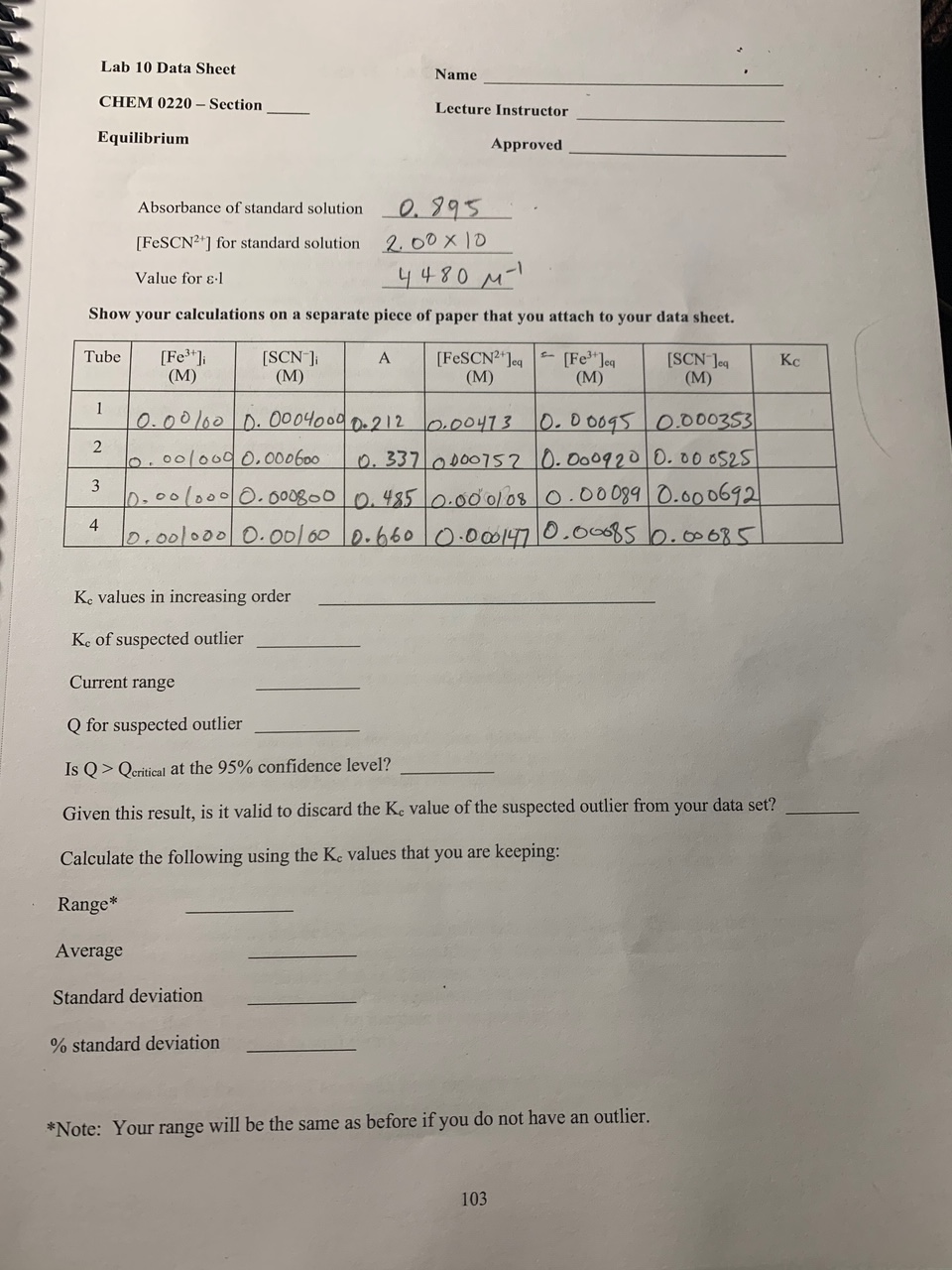 Lab 10 Data Sheet Name CHEM 0220 - Section Lecture | Chegg.com