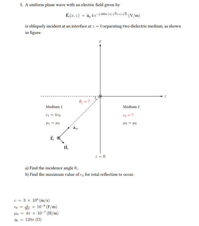 Solved 5 A Uniform Plane Wave With An Electric Field Giv Chegg Com