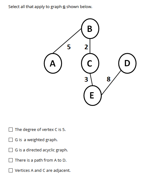 Solved Select all that apply to graph G shown below. B 5 2 A | Chegg.com