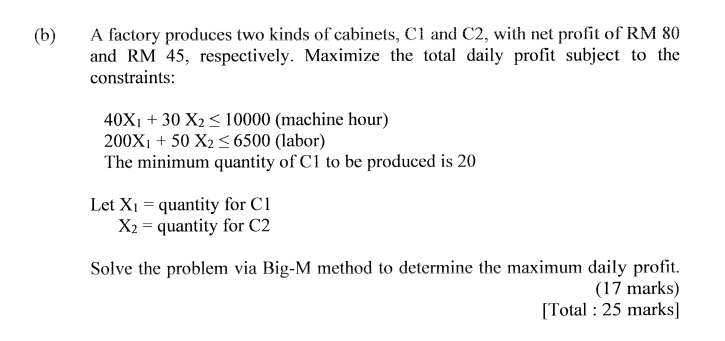 Solved (b) A Factory Produces Two Kinds Of Cabinets, Cl And | Chegg.com