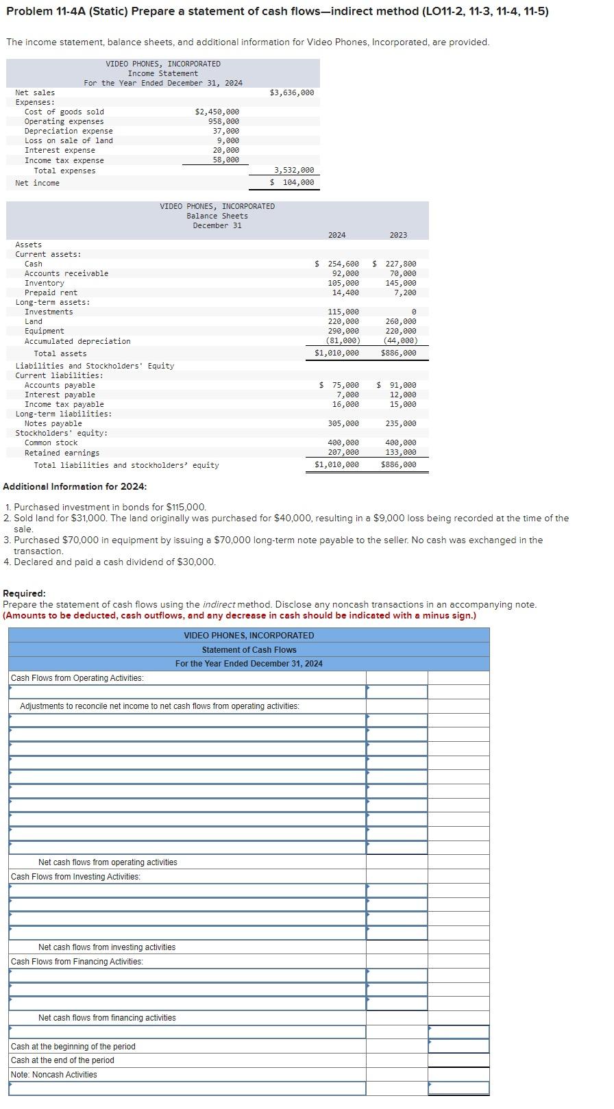 Solved Problem 11-4A (Static) Prepare a statement of cash | Chegg.com