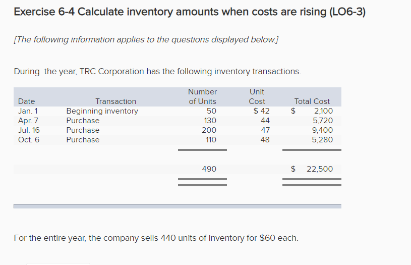 Solved Exercise 6-4 Calculate inventory amounts when costs | Chegg.com
