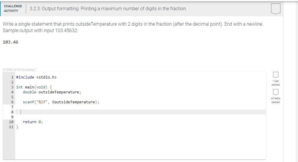 Solved CHALLENGE ACTIVITY 3.2.3: Output formatting: Printing | Chegg.com