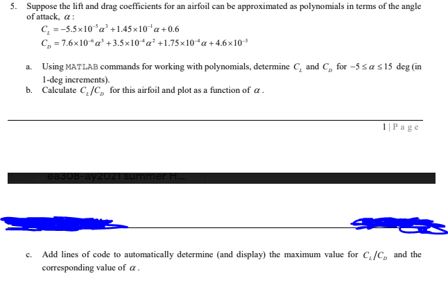 Solved 5. Suppose the lift and drag coefficients for an | Chegg.com