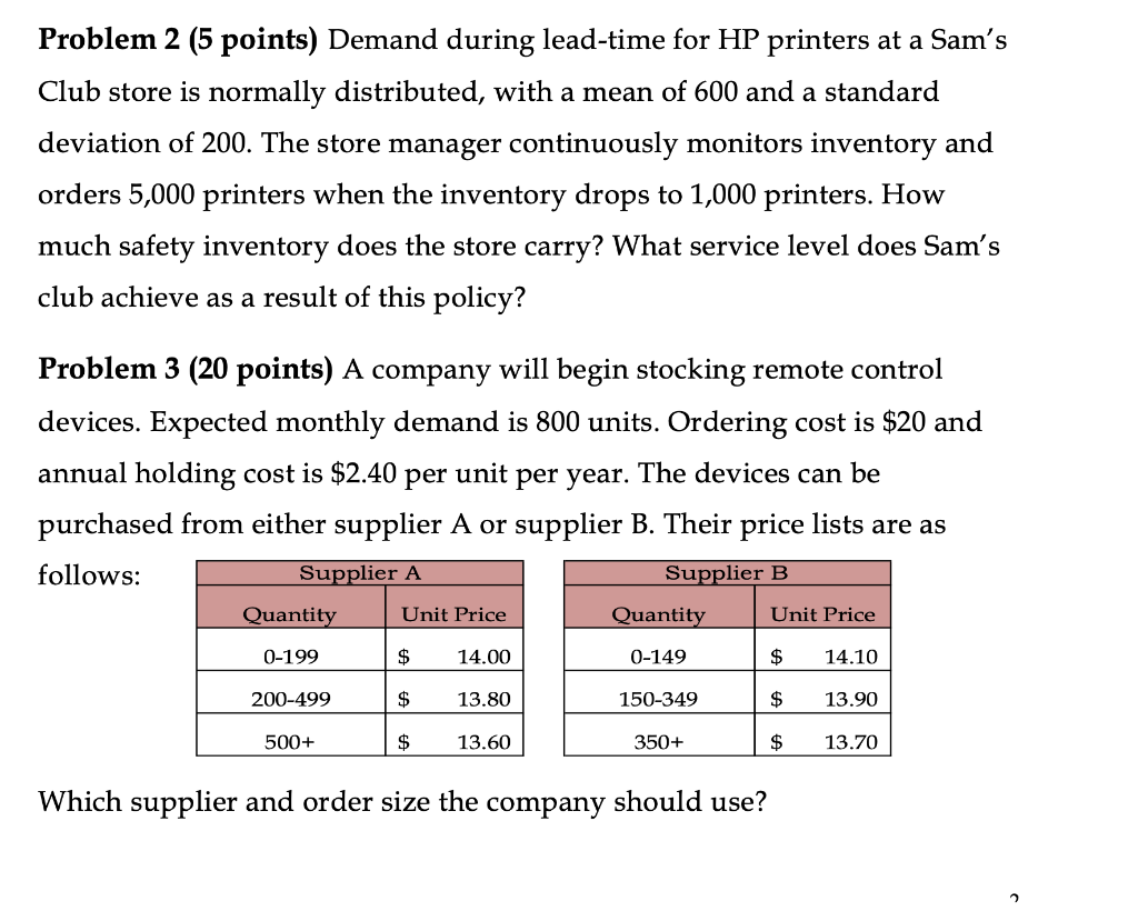 Solved Problem 2 (5 Points) Demand During Lead-time For Hp 