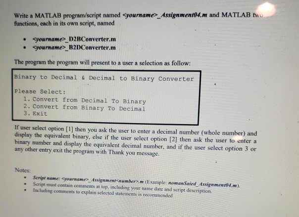 Solved Write a MATLAB program/script named D2BConverter.m · | Chegg.com
