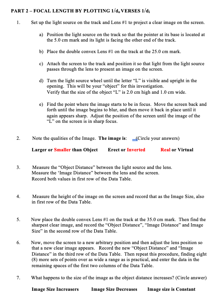 Thin Lenses lab... Please help! I leveled my answers | Chegg.com