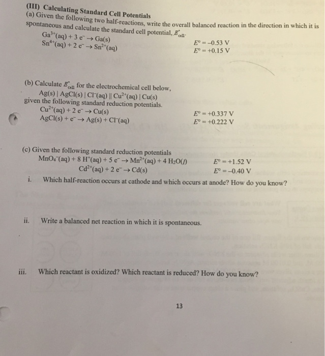 Solved (III) Calculating Standard Cell Potentials (a) Given | Chegg.com