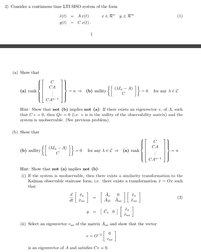 2) Consider a continuous time LTI SISO system of the | Chegg.com
