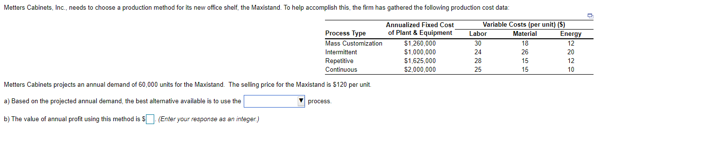 Solved Metters Cabinets, Inc., needs to choose a production | Chegg.com