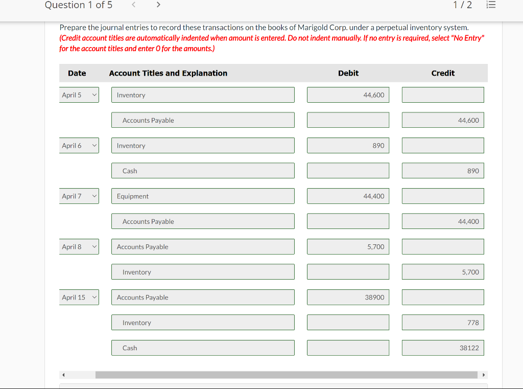 Solved Question 1 of 5 < > 1/2 !!! Information related to