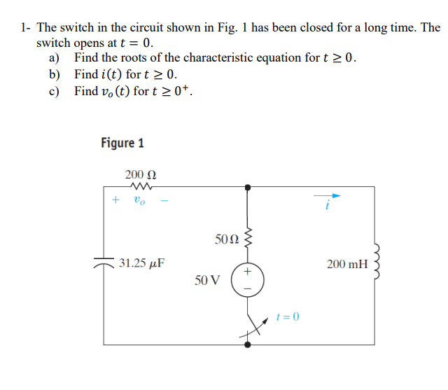 Solved 1- The switch in the circuit shown in Fig. 1 has been | Chegg.com