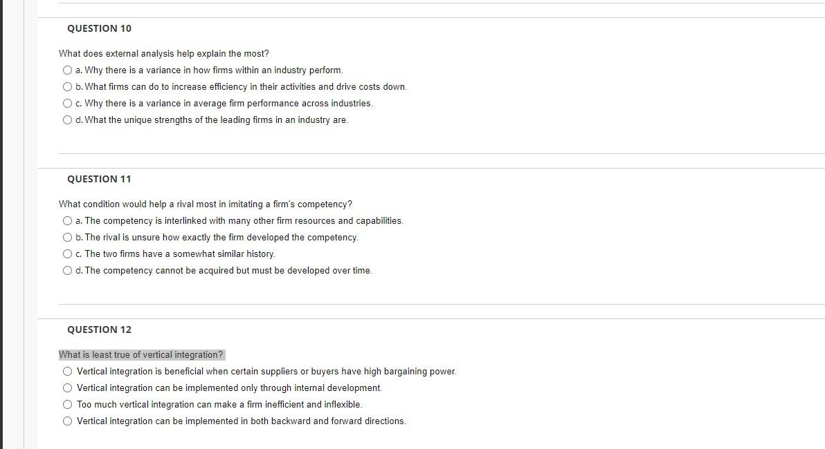 QUESTION 10 What does external analysis help explain | Chegg.com