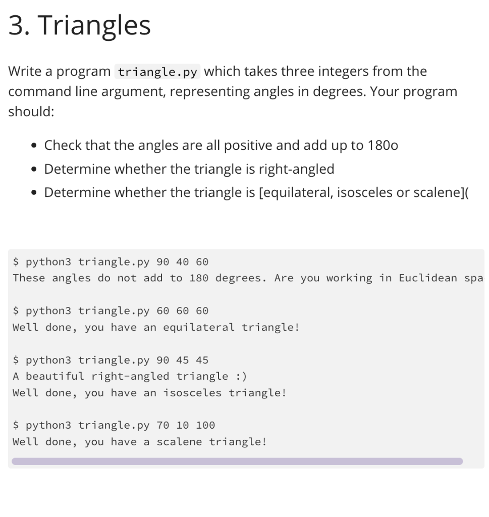 Solved 3. Triangles Write a program triangle.py which takes | Chegg.com image.