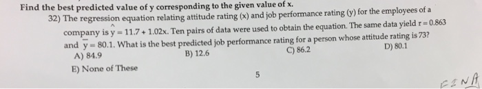 Solved Find the best predicted value of y corresponding to | Chegg.com