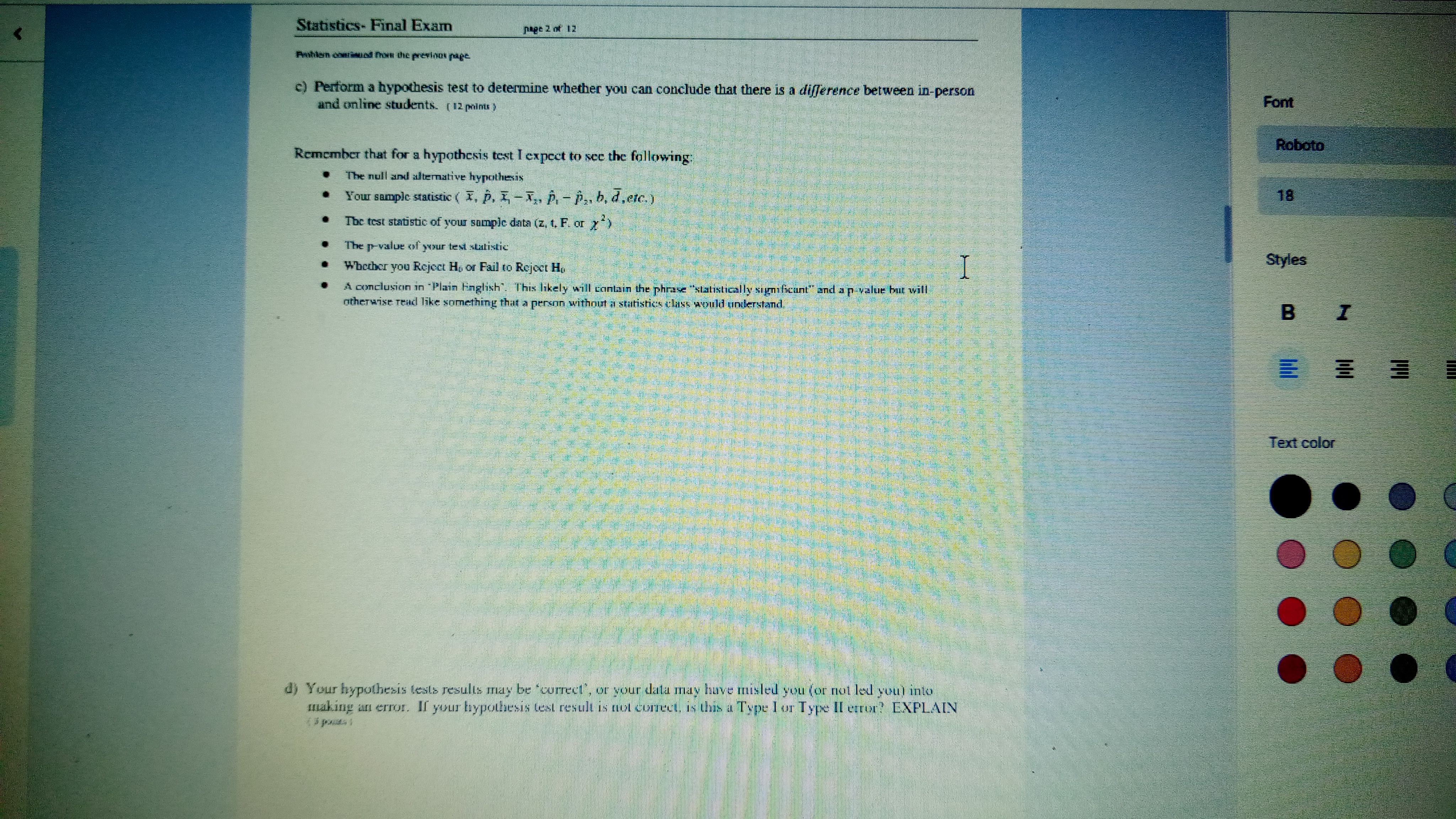 Solved Final Exam question 2 ﻿:Two sections of Statistics | Chegg.com