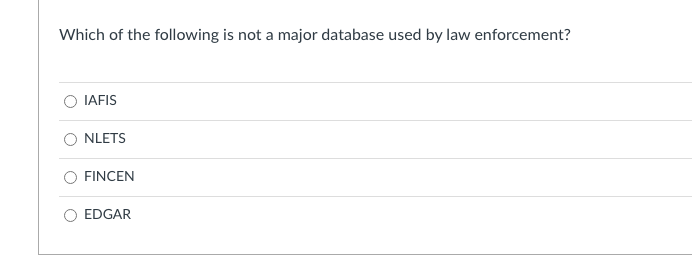 Solved Which of the following is not a major database used | Chegg.com