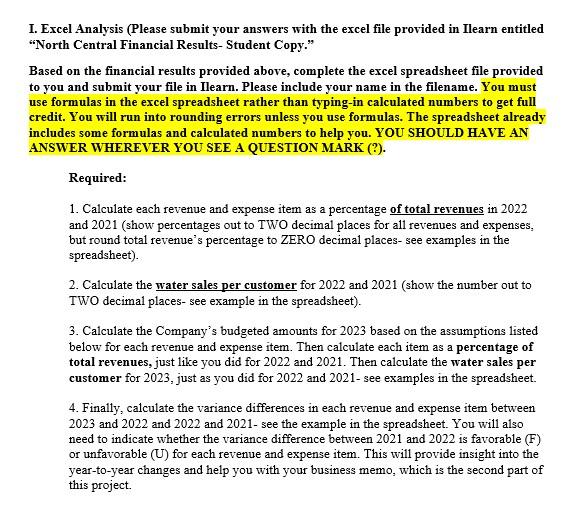 cel Analysis (Please submit your answers with the excel file provided in Ilearn entitled th Central Financial Results- Studen