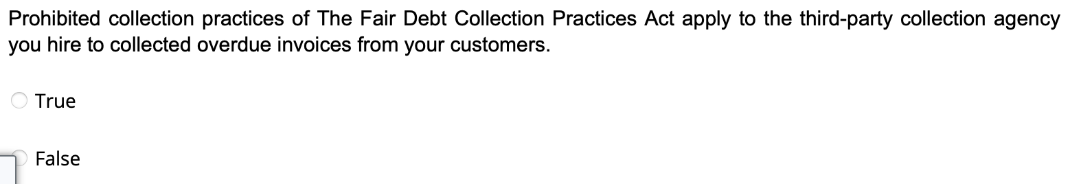 Solved Prohibited Collection Practices Of The Fair Debt | Chegg.com