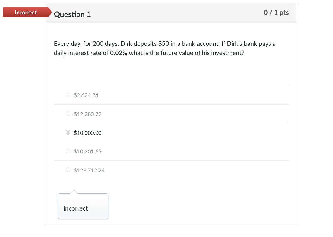 Solved Incorrect Question 1 0 / 1 pts Every day, for 200 | Chegg.com