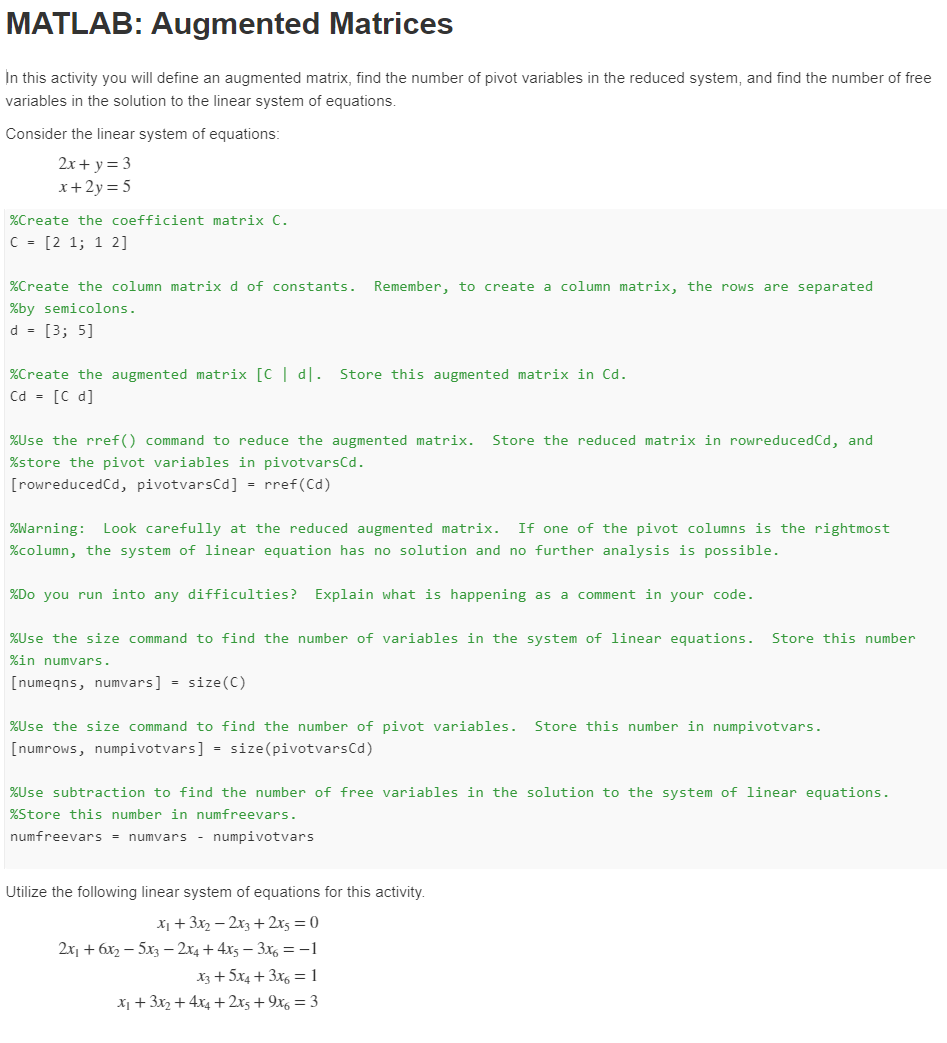 Solved MATLAB: Augmented Matrices In this activity you will | Chegg.com