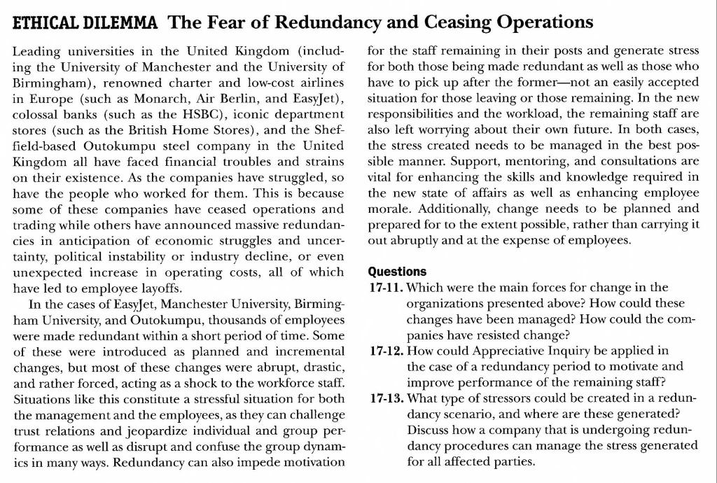 Solved ETHICAL DILEMMA The Fear of Redundancy and Ceasing | Chegg.com