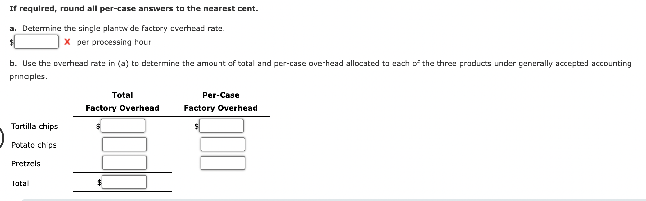 If required, round all per-case answers to the nearest cent.
a. Determine the single plantwide factory overhead rate.
\( \$ \