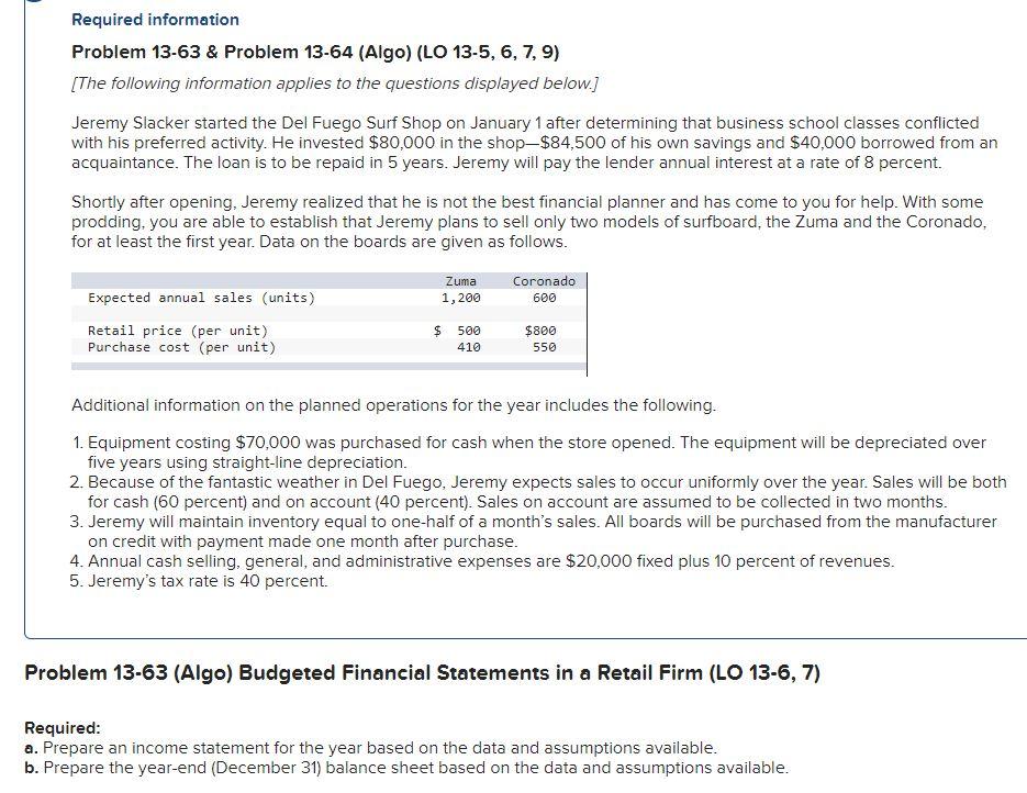 Solved Required Information Problem 13-63 & Problem 13-64 | Chegg.com