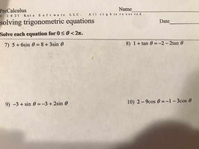 Solved LLC. PreCalculus Name 20 21 Kuta software All rights | Chegg.com