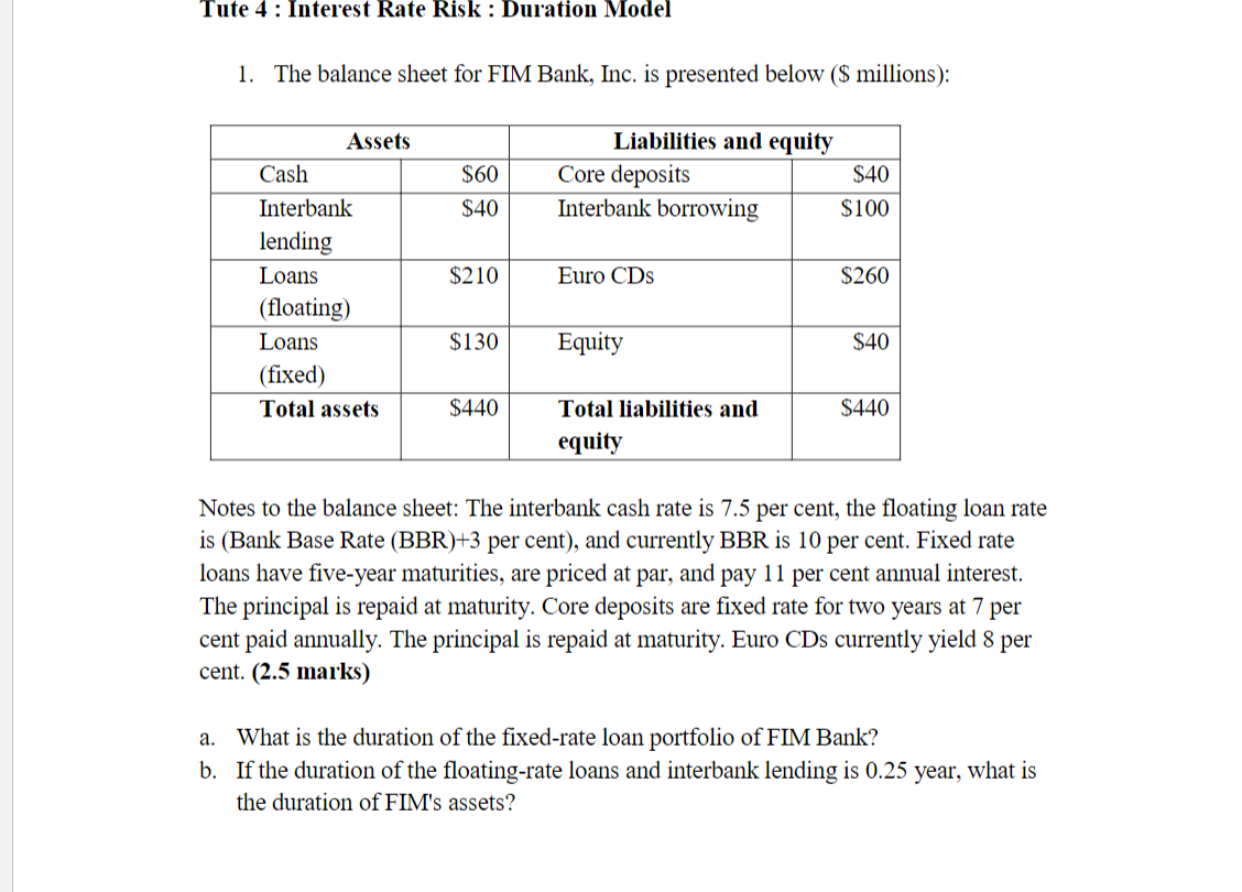 Solved Tute 4: Interest Rate Risk : Duration Model 1. The | Chegg.com