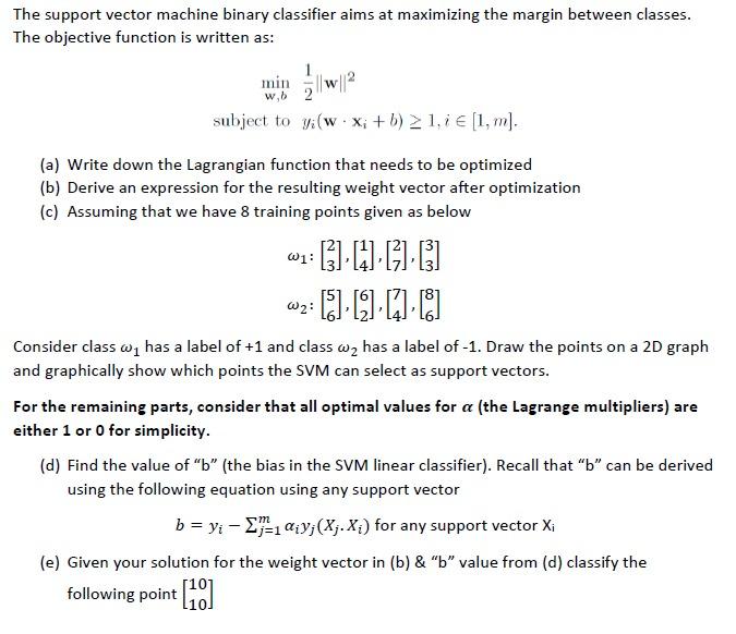 Solved The Support Vector Machine Binary Classifier Aims At | Chegg.com