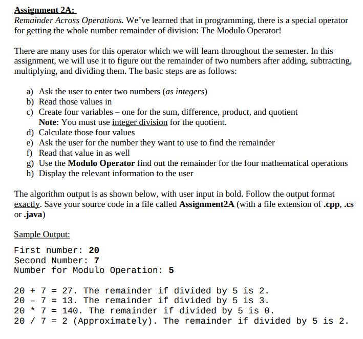 Solved Assignment 2A: Remainder Across Operations. We've | Chegg.com