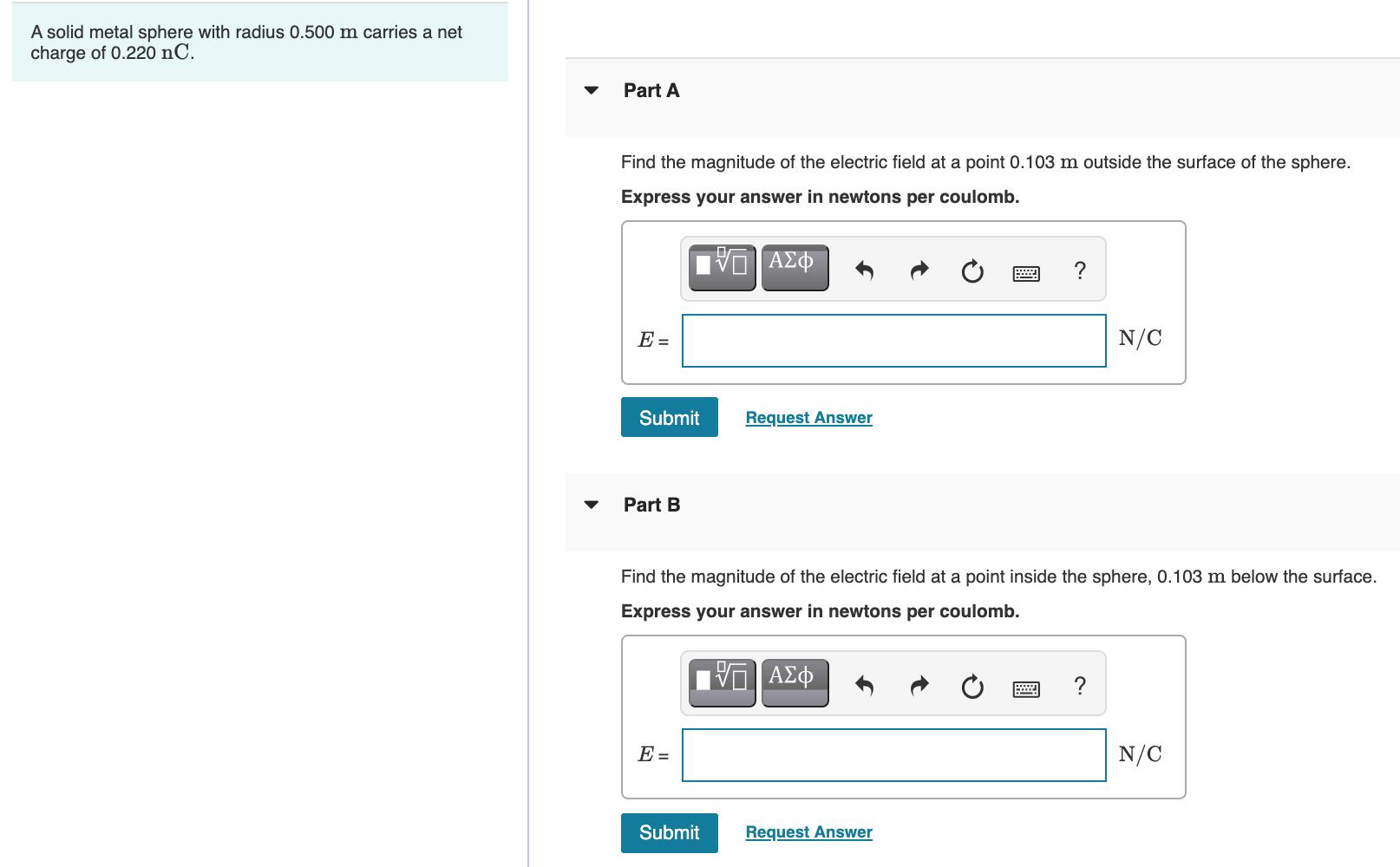 Solved A solid metal sphere with radius 0.500 m carries a