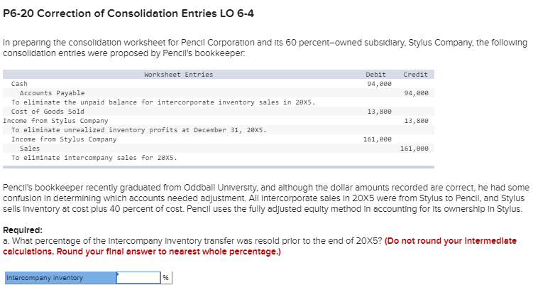 Solved P6-20 Correction of Consolidation Entries LO 6-4 In | Chegg.com