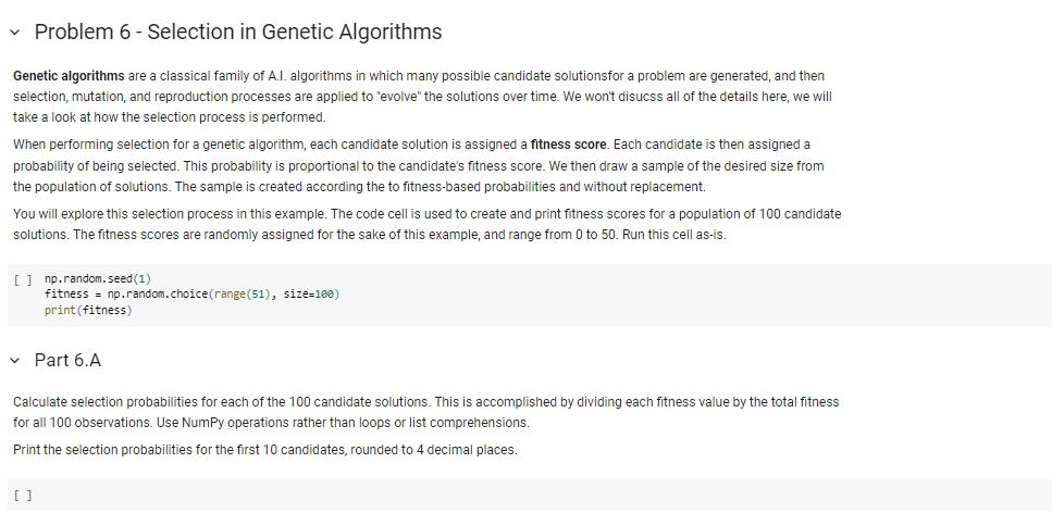 Solved Problem 6 - Selection in Genetic Algorithms Genetic | Chegg.com