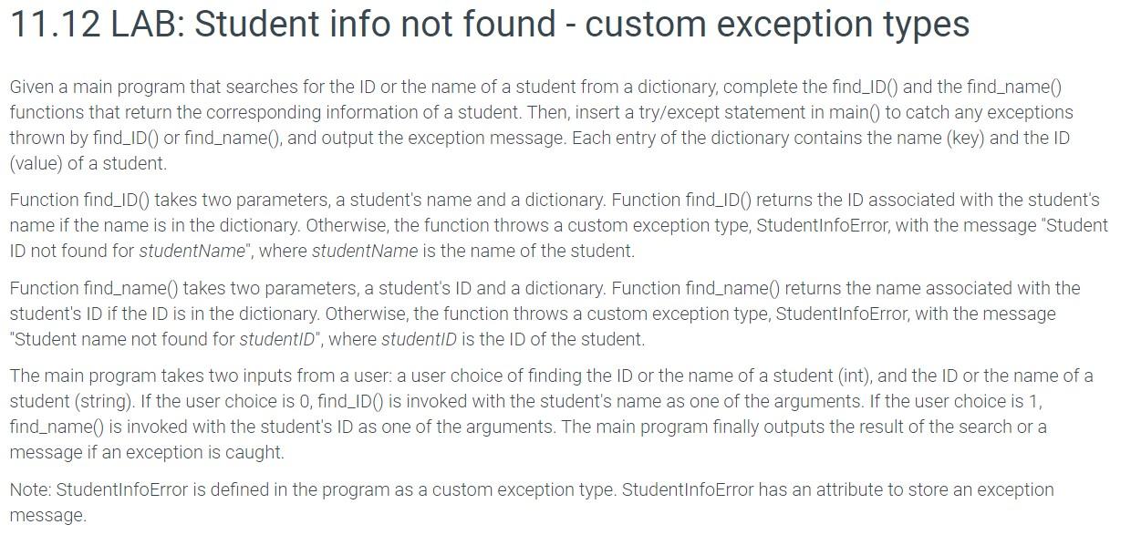 11 12 Lab Student Info Not Found Custom Exception Chegg
