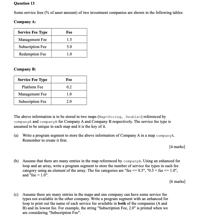 Question 13 Some service fees % of asset amount) of two investment companies are shown in the following tables: Company A: Fe