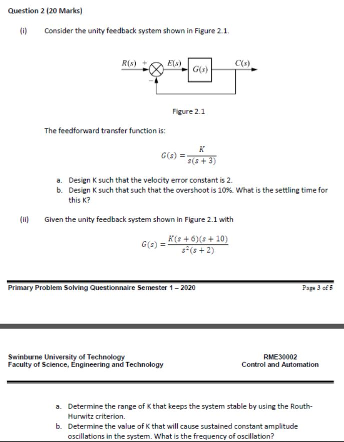 Solved Question 2 Marks I Consider The Unity Feedb Chegg Com