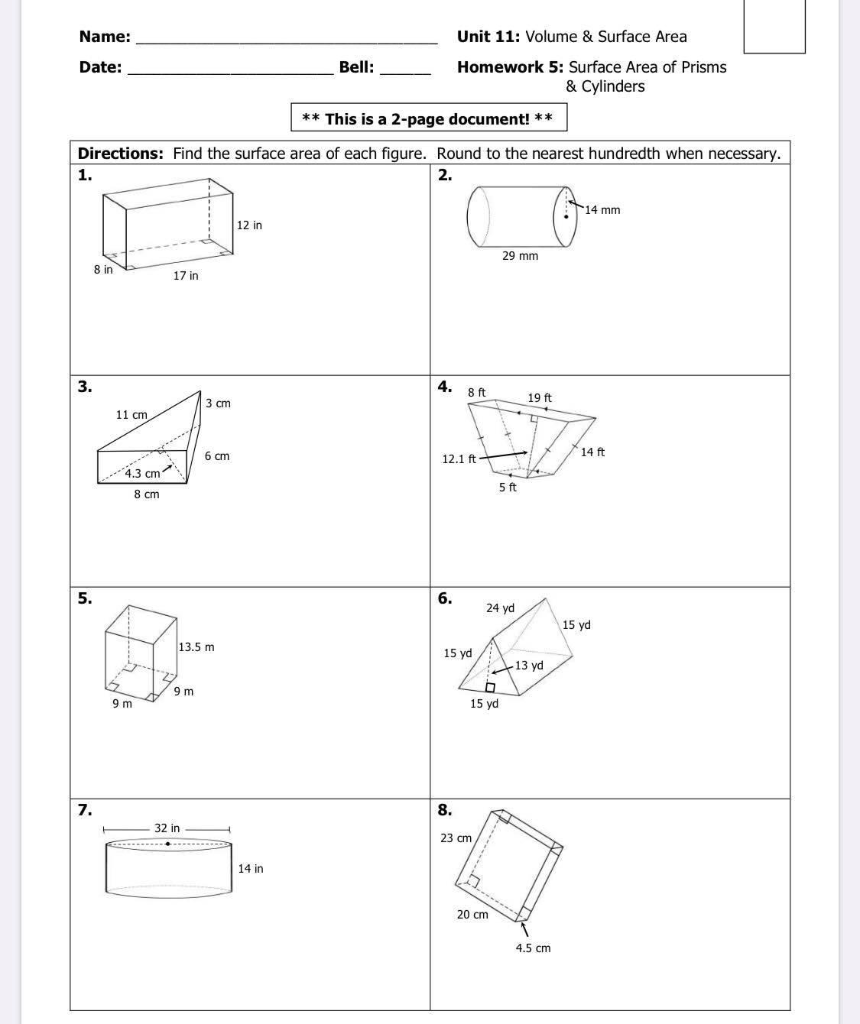 Solved Name: Date: Unit 11: Volume & Surface Area _ Bell: — | Chegg.com