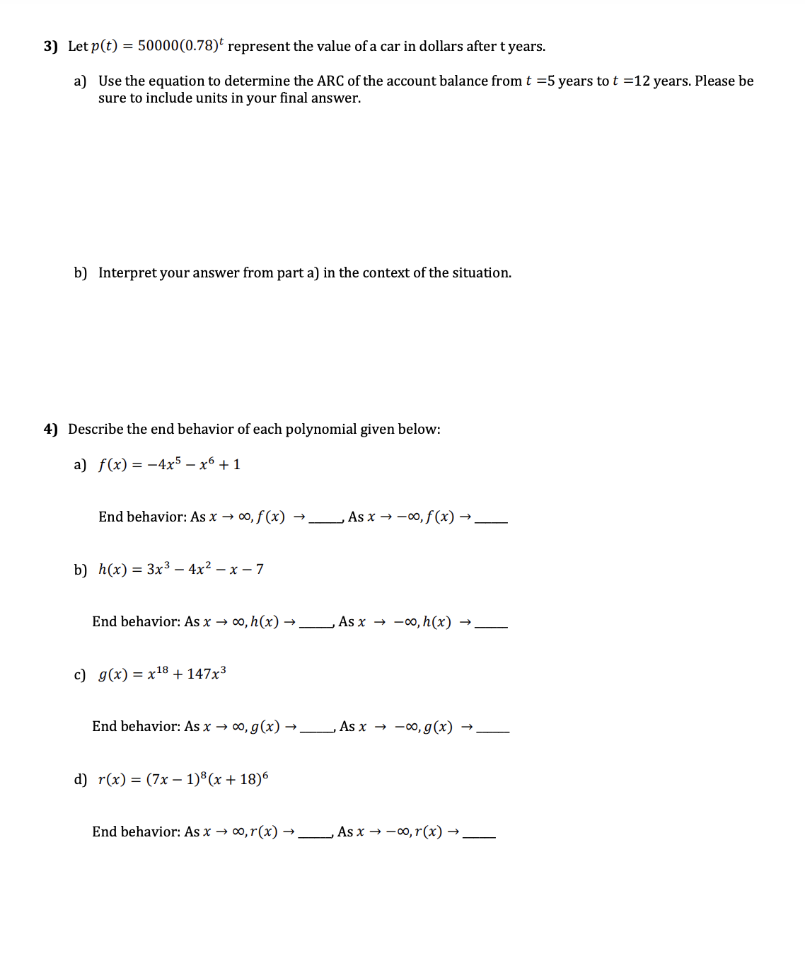 Solved 3) Let p(t)=50000(0.78)t represent the value of a car | Chegg.com