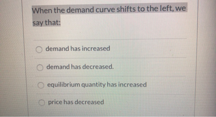 Solved When the demand curve shifts to the left, we say | Chegg.com