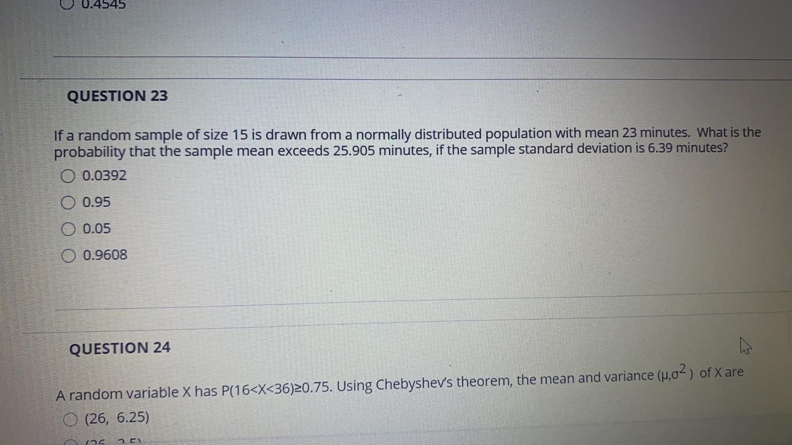 Solved 0.4545 QUESTION 23 If a random sample of size 15 is | Chegg.com