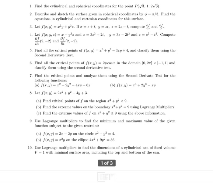 Solved Find the cylindrical and spherical coordinates for | Chegg.com