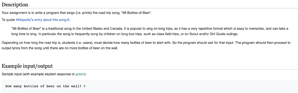 python projects: print the song 99 bottles of beer on... Solved Description Your assignment is to write a program | Chegg.com
