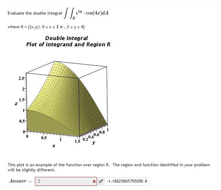 Evaluate the double integral \( \iint_{R} e^{5 y} \cdot \cos (4 x) d A \)
where \( R=\{(x, y) \mid 0 \leq x \leq 1 \pi, 2 \le