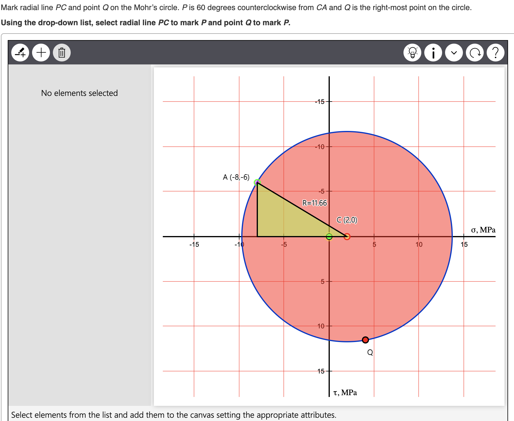 Solved lark radial line PC and point Q on the Mohr's circle.