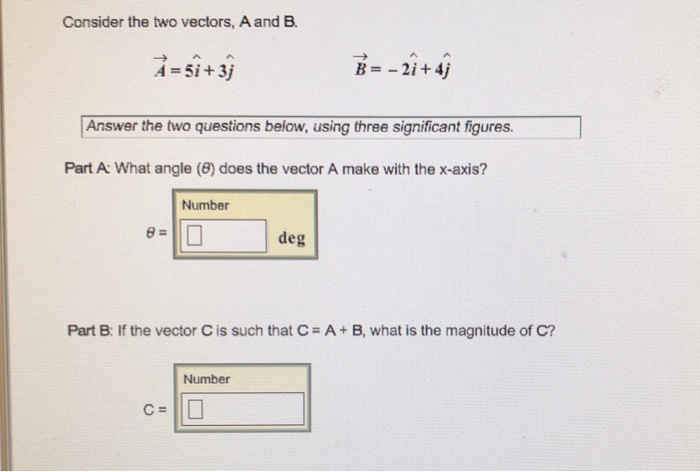 Solved Consider the two vectors, A and B. B-2i +4j A=5i + 3j | Chegg.com