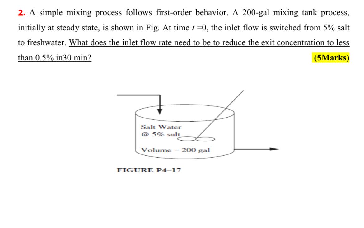 2. A simple mixing process follows first-order behavior. A 200-gal mixing tank process, initially at steady state, is shown i