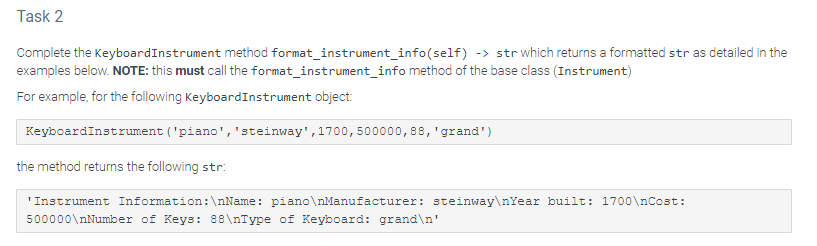 Complete the KeyboardInstrument method format_instrument_info(self) \( \rightarrow \) str which returns a formatted str as de