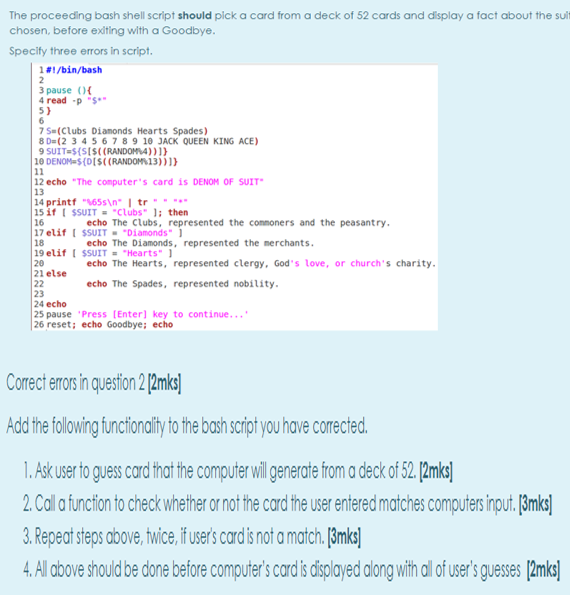 The Proceeding Bash Shell Script Should Pick A Card Chegg Com